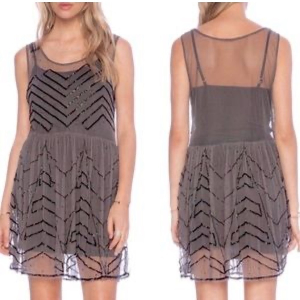 Free People Beaded Sheer Boho Dress Gray Oversized XS